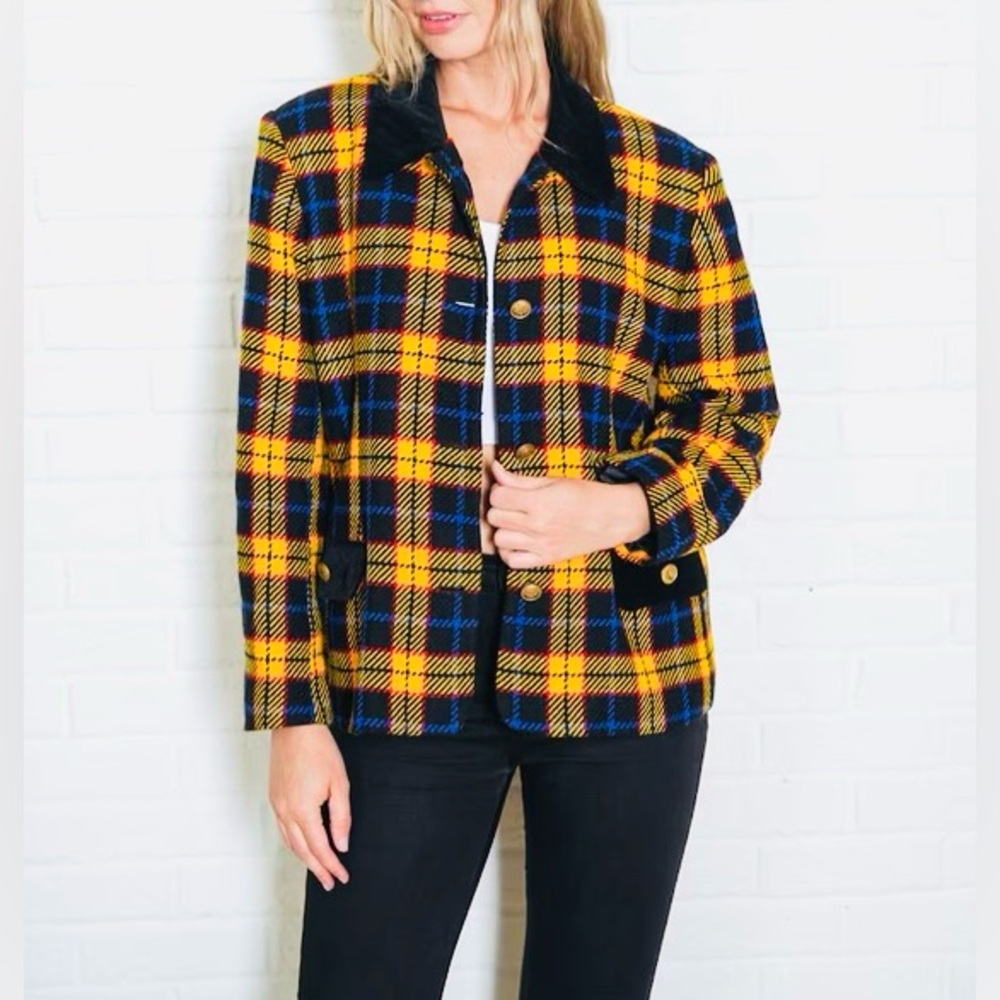 Vintage Blazer Tartan Plaid Wool Clueless Jacket 90s Yellow Preppy Academia 10